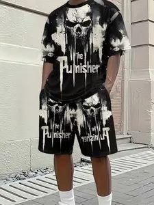 Men's Street Style 3D Digital Print Set, Punisher Skull Design, Casual Loose-Fit Short Sleeve Suit, Ideal for Summer