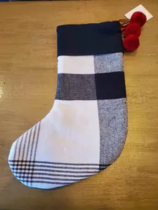 Hearth & Hand with Magnolia Block Plaid Poms Christmas Stocking - Black/White