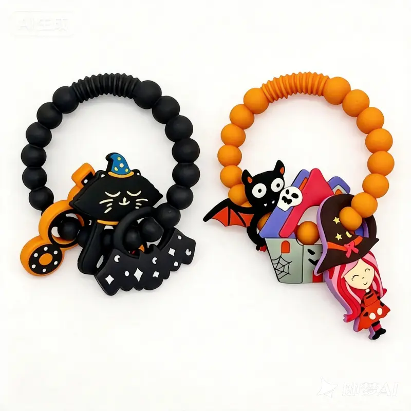 Unisex Baby Halloween Silicone Teether & Holder Set - BPA-Free Food-Grade Sensory Chew Toy with Anti-Lost Strap, Visual Stimuli, Vivid Contrast for 3+ Months, 9-12 Months Infants
