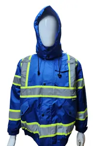 NEW High Visibility Reflective BLUE bomber safety rain jacket with sherpa insulation / water resistant bluerain jacket (see sizing information on description)
