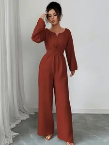 A women's orange cross-waist back bow design small V-neck front hollow design casual comfy Stylish jumpsuit, suitable for spring and autumn, suitable for daily commuting home wear, street photography, etc.