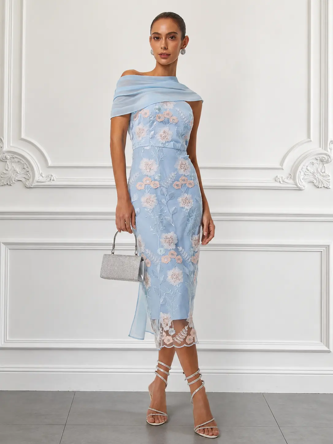 FEHAUTE Light Blue Floral Embroidered Midi Sheath Dress Elegant One Shoulder Chiffon Drape Cape Cocktail Dress Luxury Wedding Guest Dress for Women
