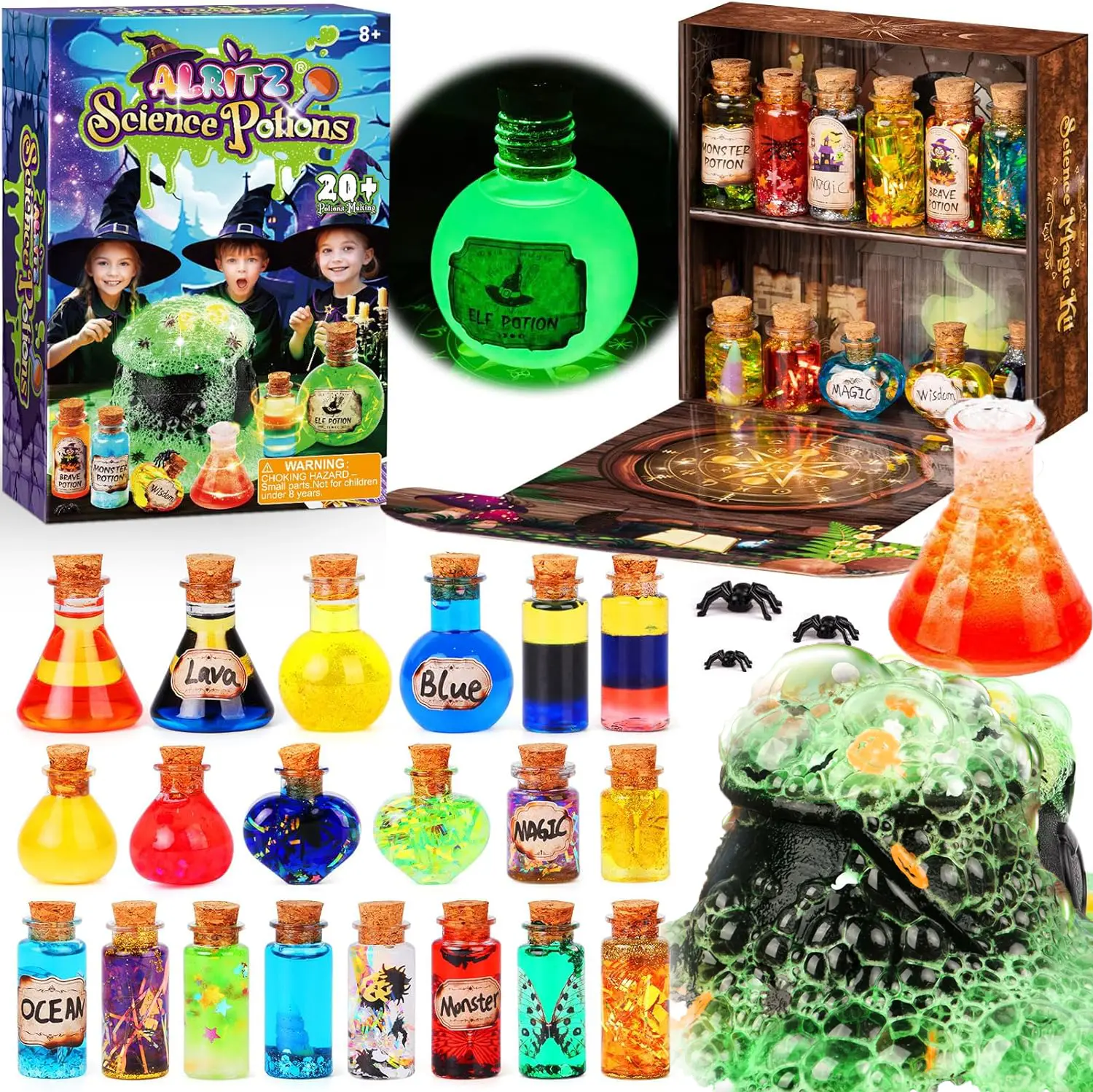 Alritz Kids' Hands-On Science Potions Birthday Set - 23 Magical Mix Bottles, Safe Plastic Witch Cauldron, Novelty Toy Special Gift for Boys & Girls Ages 8-12+ (Christmas Party Decor)
