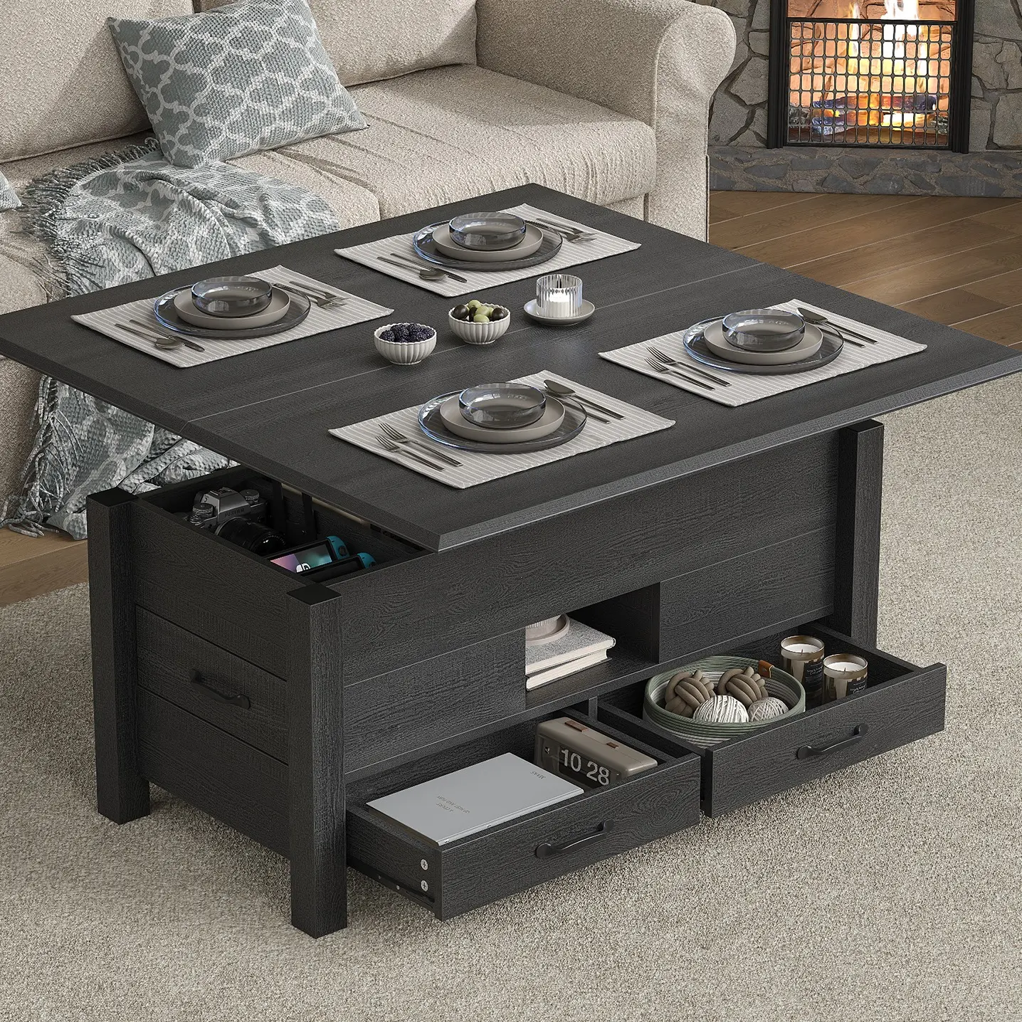 FUSOU 39.4" Convertible Lift Top Coffee Table, Multi-Function Coffee Table with 4 Storage Drawers & Hidden Compartment, Wood Center Table for Living Room, Dining Room, Home Office, Black,Deals For You Days