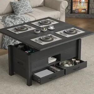 FUSOU 39.4" Convertible Lift Top Coffee Table, Multi-Function Coffee Table with 4 Storage Drawers & Hidden Compartment, Wood Center Table for Living Room, Dining Room, Home Office, Black