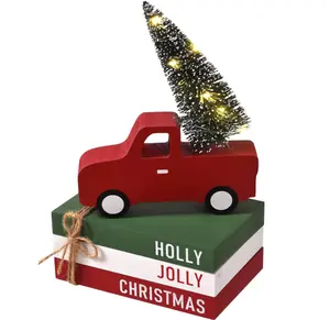Christmas Decorations for Home, 4pcs Xmas Tiered Tray Decor with Wooden Red Truck, LED Lighted Tree & Book Stack, Rustic Christmas Table Centerpiece for Kitchen, Shelf, Office (4 pcs)