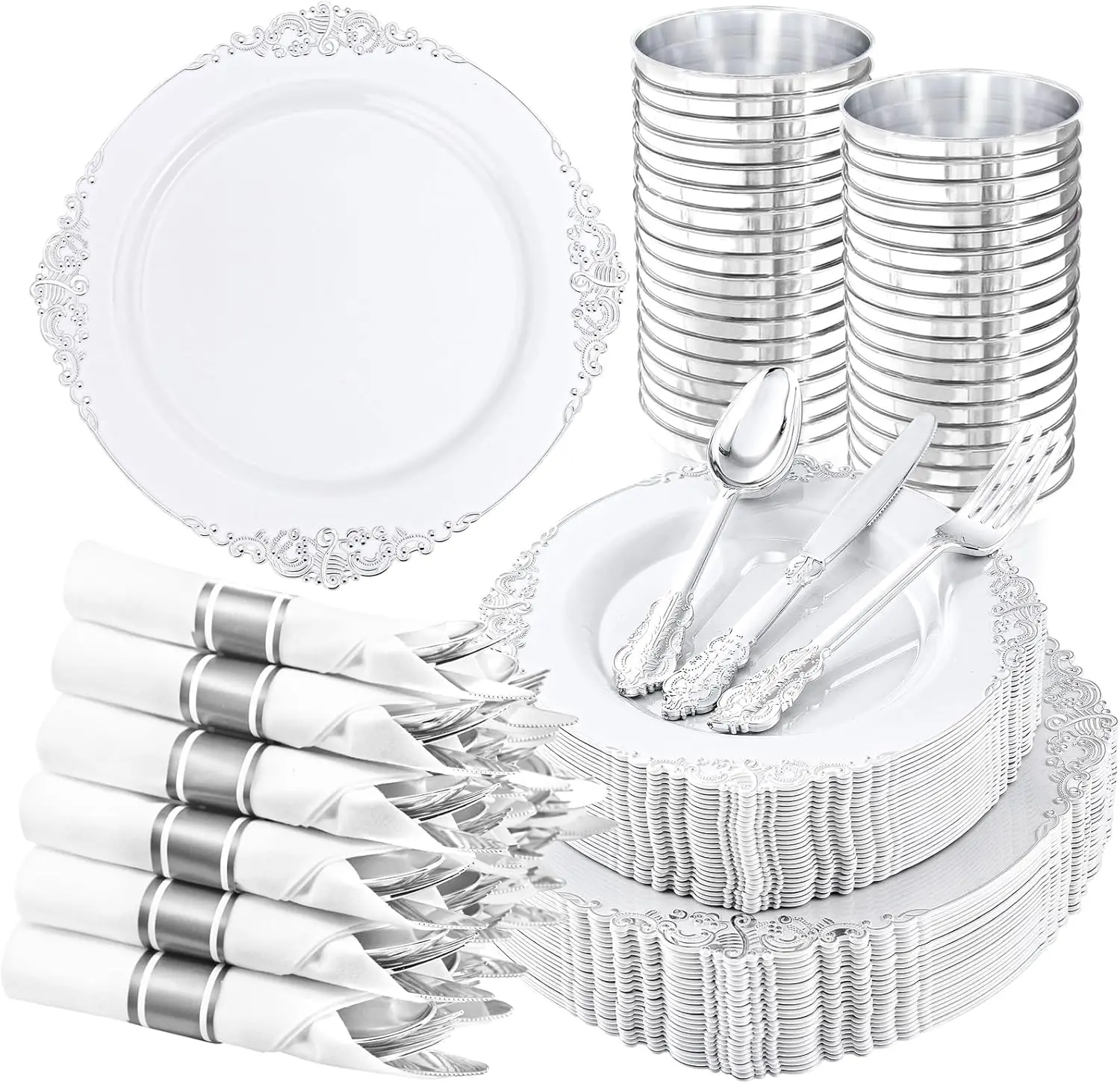 210 Pcs White Silver Party Plates Set for 30 Guests, Includes 60 Heavy-duty Plates, 30 Pre Rolled Silverware, 30 Cups
