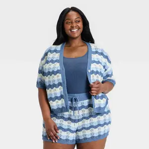 Women's Short Sleeve Cardigan Sweater - Universal Thread Blue Striped 2X