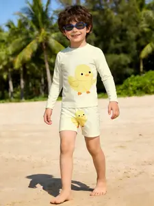 Summer Duck Long Sleeve Swimsuit Set, Cute Animal Print, Quick Dry Breathable Soft Skin-Friendly, Swimwear Beach Vacation