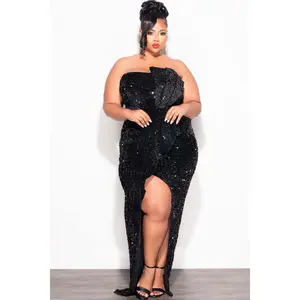 Final Sale Plus Size Strapless Pleated Ruffle Velvet & Sequin Gown with Front Slit in Black