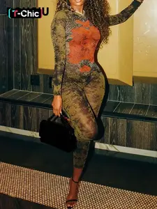 Trendy Street Style Tight Fit Sexy Casual Versatile Cool Women's Thin Mesh Print Long Sleeve Jumpsuit, Fashionable and Comfortable Womenswear