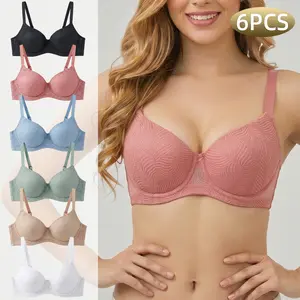 6PCS Patterned Breathable Underwire Bra Set Soft Mesh Push Bra Smoothing Lift Bralette for Daily Wear Lightweight Fabric Supportive Lingerie