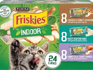 Purina Friskies Indoor Cat Food 24ct VP - (Chicken and Turkey Casserole, Saucy Seafood Bake, Homestyle Turkey Dinner) - (Pack of 24) 5.5 oz. Cans