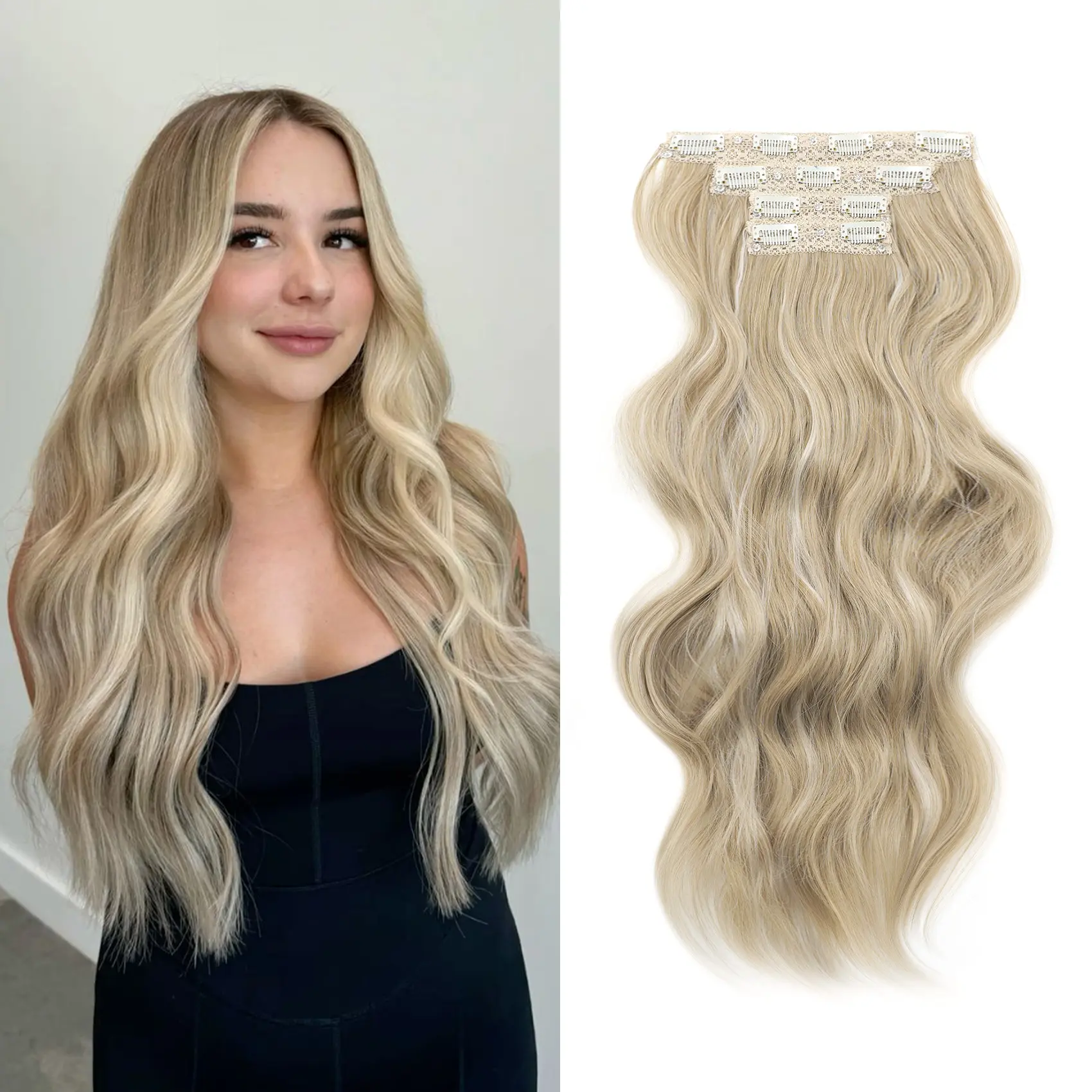 Clip-in Hair Extensions, Light Ash Blonde with White Blonde Highlights, 24 Inch Long Wavy Synthetic Hair, 4-Piece Thick Double Weft Set for Women, Long Wavy Hair