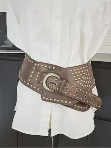 1pcs Women's Wide Waist Belt with Disc Patch Design, Vintage Rivet Waistband, Decorative Dress Pants Accessory, Studded Belt