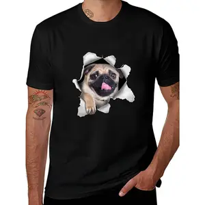 3D Realistic Pug "Rip Through" Graphic Tee - Funny Dog Lover Cotton T-Shirt - 100% Premium Cotton - Vivid HD Graphics - Unisex Fit - Shipped from NY