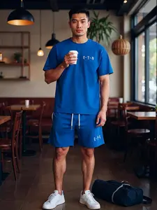 ETN Mens Blue Summer Set - Fitted T-Shirt & Above-Knee Shorts - 100% Premium Cotton Crew Neck Comfortable Stylish with Pockets & Zipper