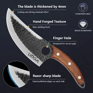 Hand-forged boning knife with leather sheath, curved meat cutter with wooden handle and high carbon steel hammer meat cutter are used for cutting beef and pork in camping kitchens, suitable for dishwashers and ideal gifts for men and women.