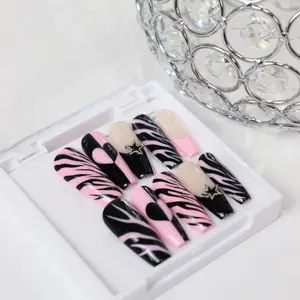 Pink and Black Zebra Print Press-On Nails with Star Charms – Fashionable Reusable Nail Set for Bold and Stylish Looks
