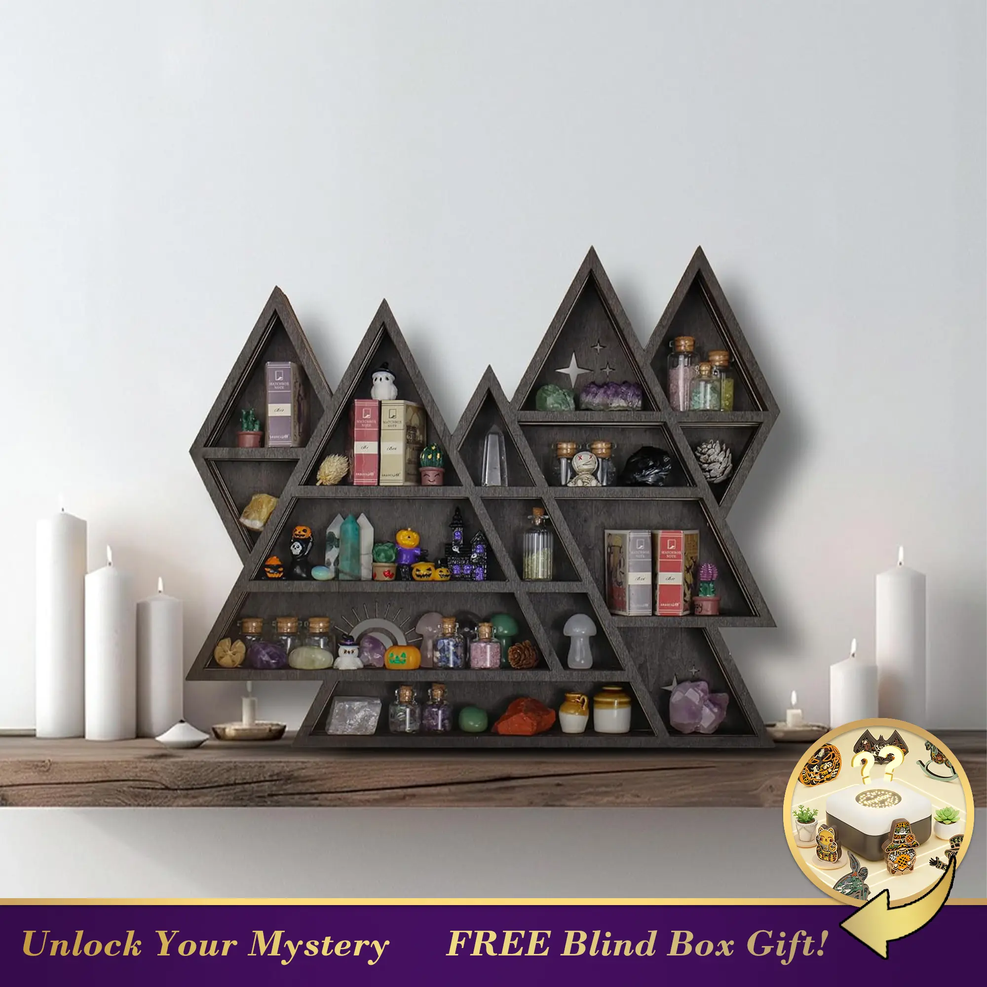 FNYDOX Mountain Crystal Display Shelf Triangular Knick Knack Organizer for Home Decor & Collectibles Matte Black Wood Racks for Rocks Minerals Gothic Witchy Aesthetic