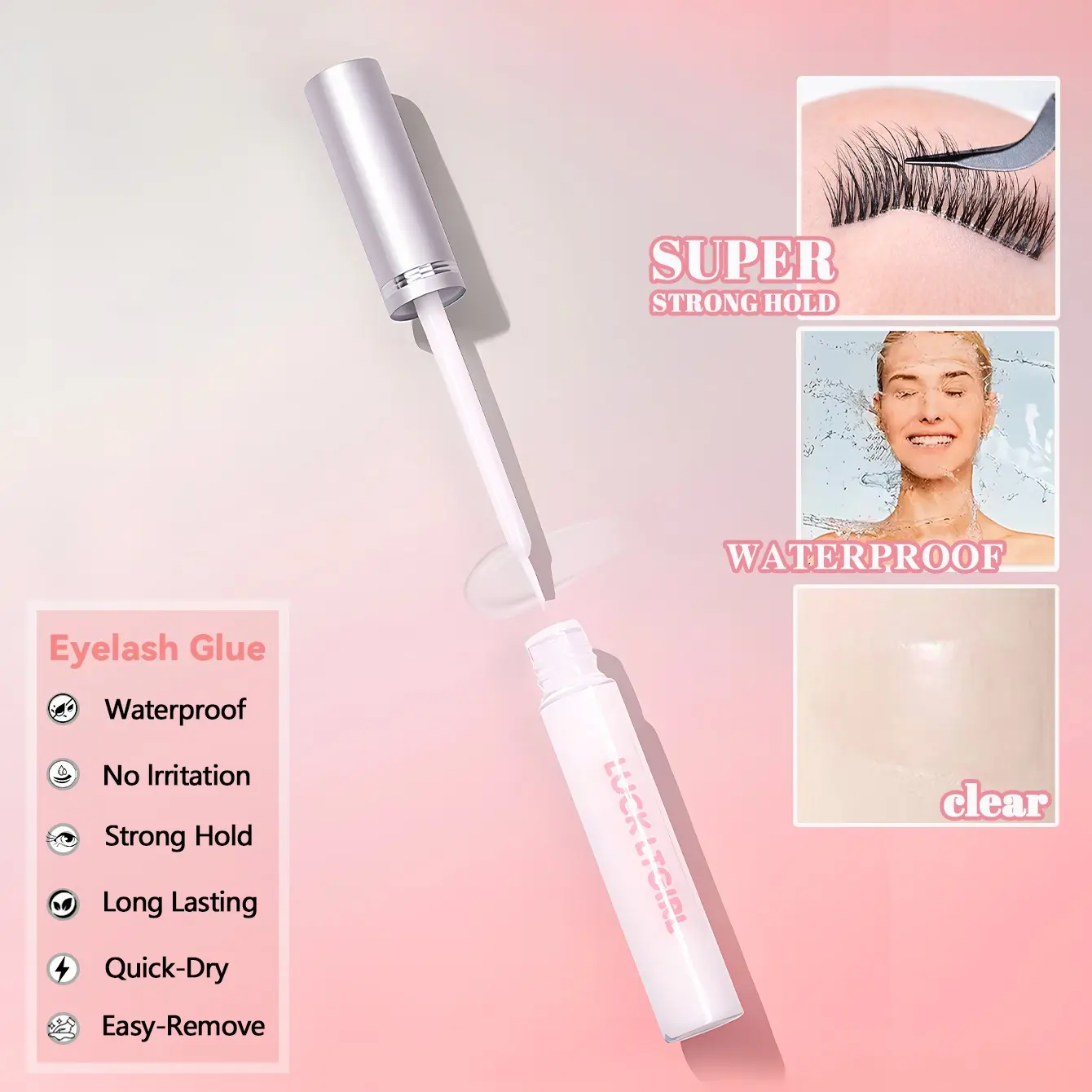 Transparent Eyelash Glue, Strong Waterproof Formula, Fast-Drying, Long-Lasting, Non-Irritating, Travel Size for Everyday Use, Eye Makeup Supplies