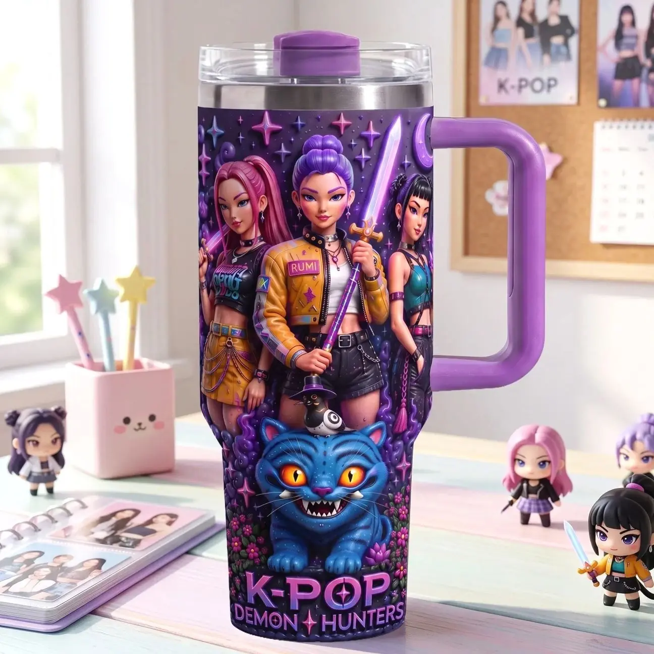 KPop Demon Hunters 40oz Tumbler with Handle & Straw, Rumi Mira Zoey Insulated Cup, Huntrix K-Pop Fan Gift, Purple Fantasy Travel Mug, Anime Music Collectible Drinkware for Girls