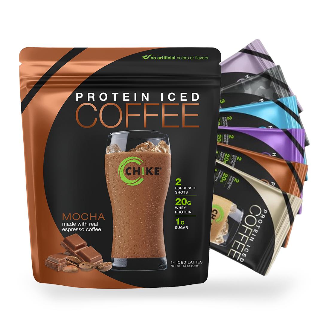 Chike Protein Iced Coffee TikTok Bundle Mocha Bag & Variety Sampler 20g Protein 1g Sugar 11 Flavors Including Caramel Mocha Healthy Beverage