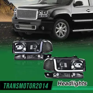 Led Drl Smoked Headlights W/Bumper Signal Lamps Fit For 99-07 Gmc Sierra/Yukon