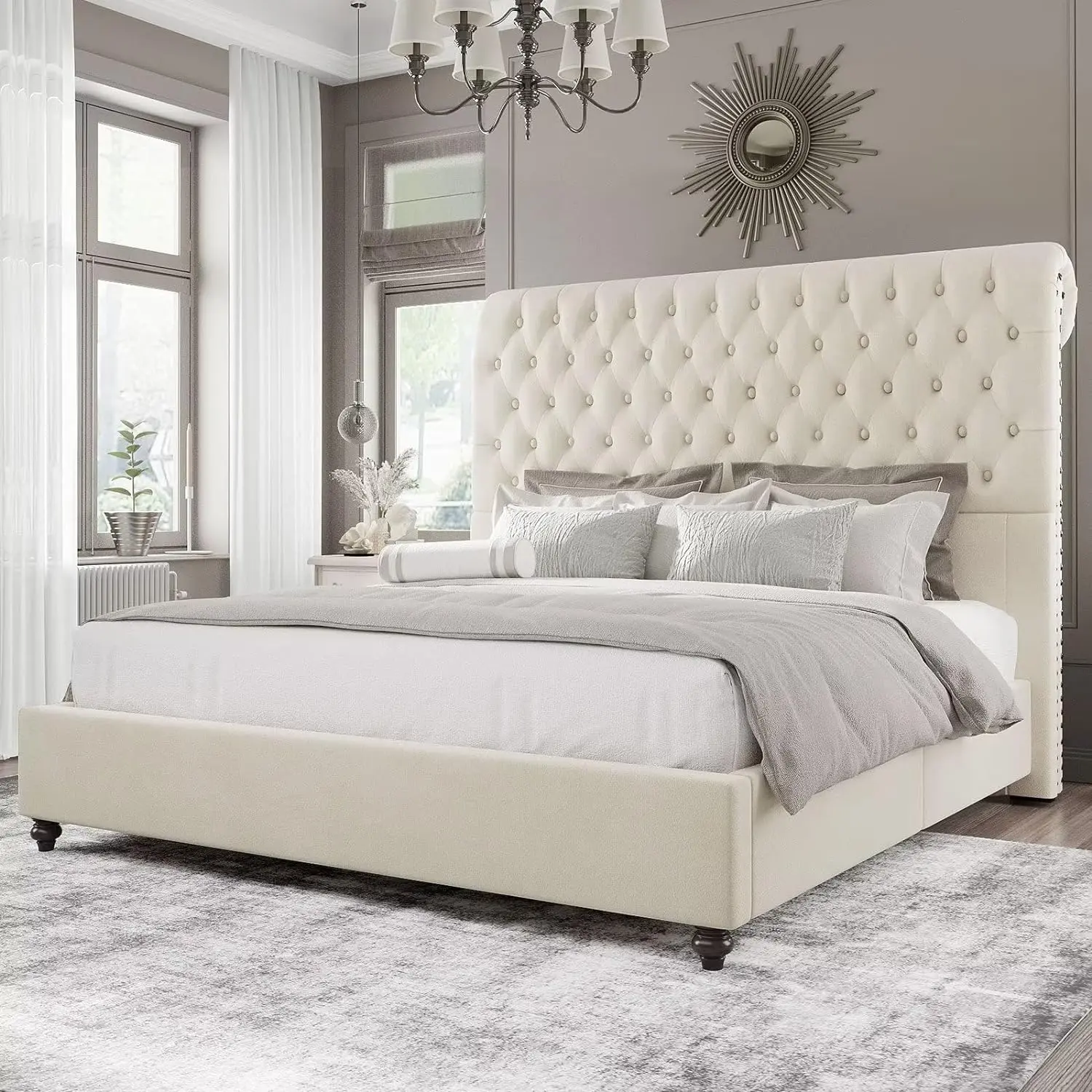 Amerlife Sturdy Bed Frame - Velvet Upholstered Classical Low Profile Bed Frame with 52.8" Tall Button-Tufted Sleigh Headboard, No Box Spring Needed, Easy Assembly, Ideal Christmas Gift, Bed Frames