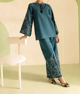 Hyelin 2-piece Embroidered Khaddar Dress - Long Sleeve Classic Crew Neckline Elegant Floral Embroidery Tassel Winter Dress Set for Women