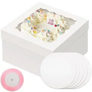 Cake Box, Cake Box with Window ＆ 10" Cake Round Boards, 10inch Cake Containers, 10 Meters Pink Silk Ribbon Includes
