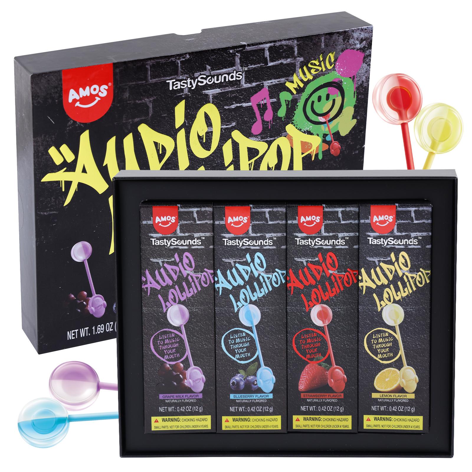 AMOS Audio Lollipop Candy Gift Box – Sugar-Free Music Lollipops with Bone Conduction Sound, 4 Hip-Hop Flavors, Fun Creative Candy for Kids & Adults AMOS Audio Lollipop Candy Gift Box – Sugar-Free Music Lollipops with Bone Conduction Sound, 4 Hip-Hop Flavors, Fun Creative Candy for Kids & Adults