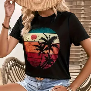 Coconut Tree And Sun Graphic Round Neck Sports T-shirt, Comfortable Soft Short Sleeves Causal Workout Tops, Women's Activewear