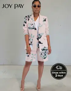 JOYPAY Women's Floral Blazer Shorts Set Elegant 2-Piece Outfit with Notched Lapel Suit Jacket & High Waist Bermuda Shorts Chic Womenswear Clothes Fitted Feminine Pastel Print Soft Style