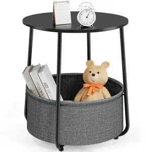 Small Round Side End Table for Living Room, Modern Nightstand Bedside Table with Fabric Basket for Bedroom Nursery, Side Table with Steel Frame - Black & Grey
