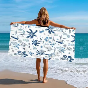 Vintage Palm Tree Print Beach Towel, Navy Blue Silhouette Pattern on White Background, Quick-Dry Towel for Beach and Travel