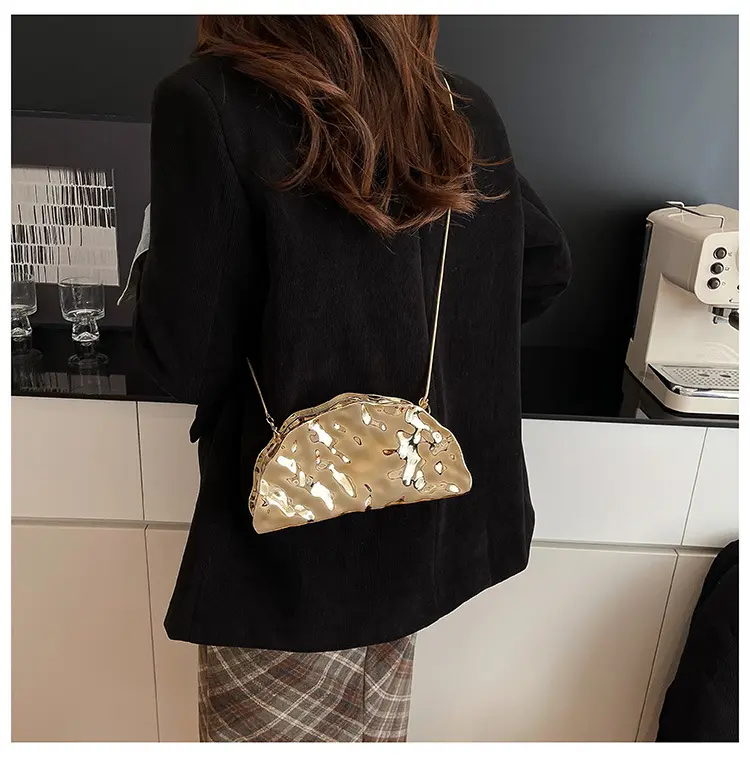 Gold Metallic Striped Asymmetric Clutch Bag, Elegant Formal Occasion Shoulder Bag Handbag, Minimalist Fashion Women's Evening Bag, Crossbody Bag Party Purse
