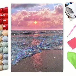 5D Full Drill Diamond Painting Kit, Iridescent Pink Ocean Sunset Sparkling Beach Art for Home Wall Decor, DIY Craft with Sparkling Rhinestones, Canvas & Tools, Perfect for Coastal & Aesthetic Nature Themed Decoration