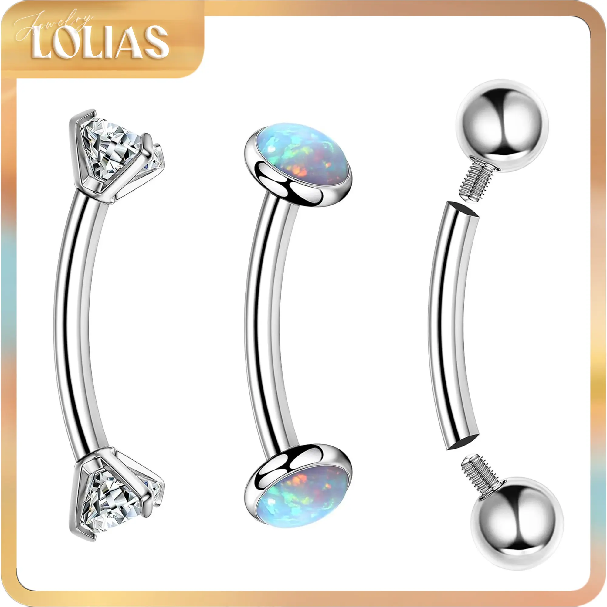 LOLIAS G23 Titanium Body Jewelry, 3-Piece Curved Barbell Set with CZ & Opal for Belly Button, Eyebrow, Rook, Hypoallergenic Internally Threaded 16G (6/8/10mm), Belly Button Piercing