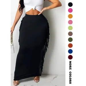 Women's Fringe Trim High Waist Fitted Knitted Pencil Maxi Skirt, Elegant Solid Color Skirt for Party Evening Formal Occasions, Ladies Bottom