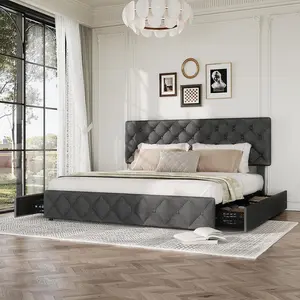 King Size Bed Frame with 4 Storage Drawers and Adjustable Headboard Linen Upholstered Platform Bed Frame Diamond Stitched Button Tufted No Box Spring Needed Dark Grey