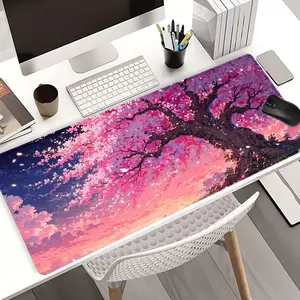 Pink Purple Cherry Blossom Tree Desk Pad Gaming Desk Accessory Gaming Mousepad XXL Mouse Pad for Laptop Desk Mouse Pad Extra Large with Non-Slip Rubber Base Stitched Edges Surface for PC Gamers Office Workers & Home Use Girly Office Supplies
