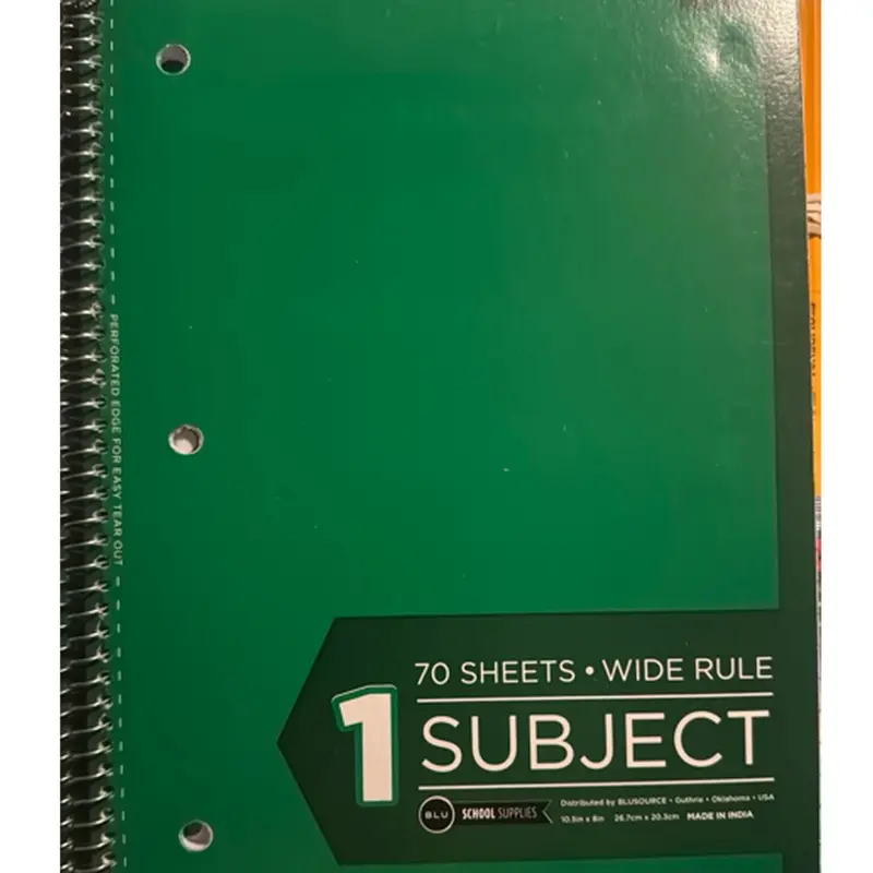 Green 70 Sheet Wide Rule Notebook for 1 Subject - Ideal for Organizing Notes and Assignments