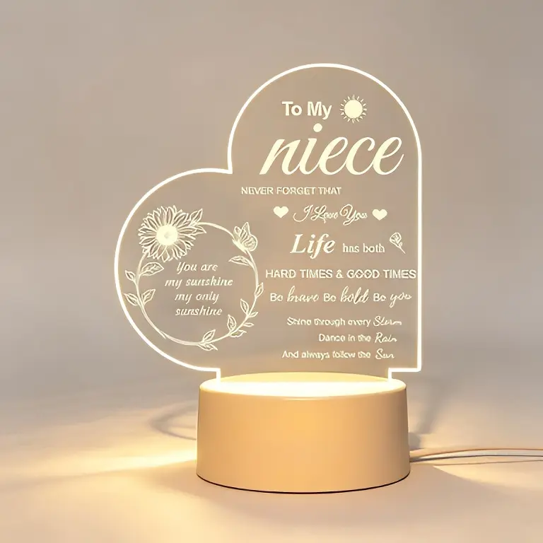 Double Heart 2D Engraved Acrylic LED Night Light for Niece, Sunflower Inspirational Quote Lamp, Sentimental Birthday Graduation Christmas Gift for Teen Girl Niece, USB Warm Light Bedroom Desk Decor, Encouragement Keepsake Present from Aunt Uncle