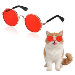 PETAXCELL Dog Sunglasses, Retro Dog Kittens Glasses Classic Metal Glasses Cosplay Costume Photo Props Cute Mini Eyewear, (Round, Red Lens), Intended for Cat/Puppies/Small Pets