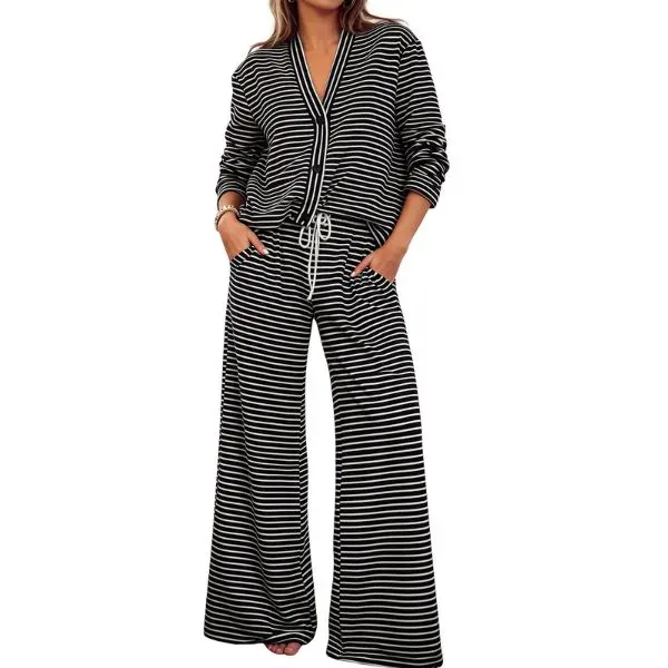 Fisoew Women's Striped 2 Piece Loungewear Set, V Neck Button Down Long Sleeve Top & Drawstring Waist Wide Leg Pants Casual Matching Outfit