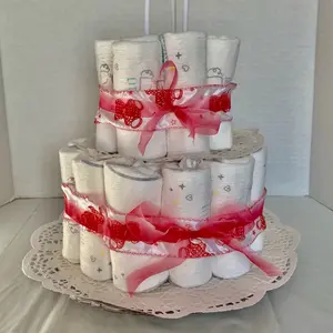 It's a Girl Small Layered Diaper Cake Personalized with Red Bow and Lace Base for Baby Shower Decorations