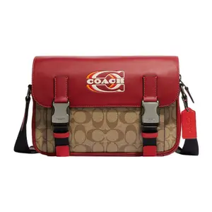 COACH Track 27 Color-Block Classic Monogram Zip-Top Crossbody Bag for Men – Large, Red and Khaki Coated Canvas with Leather