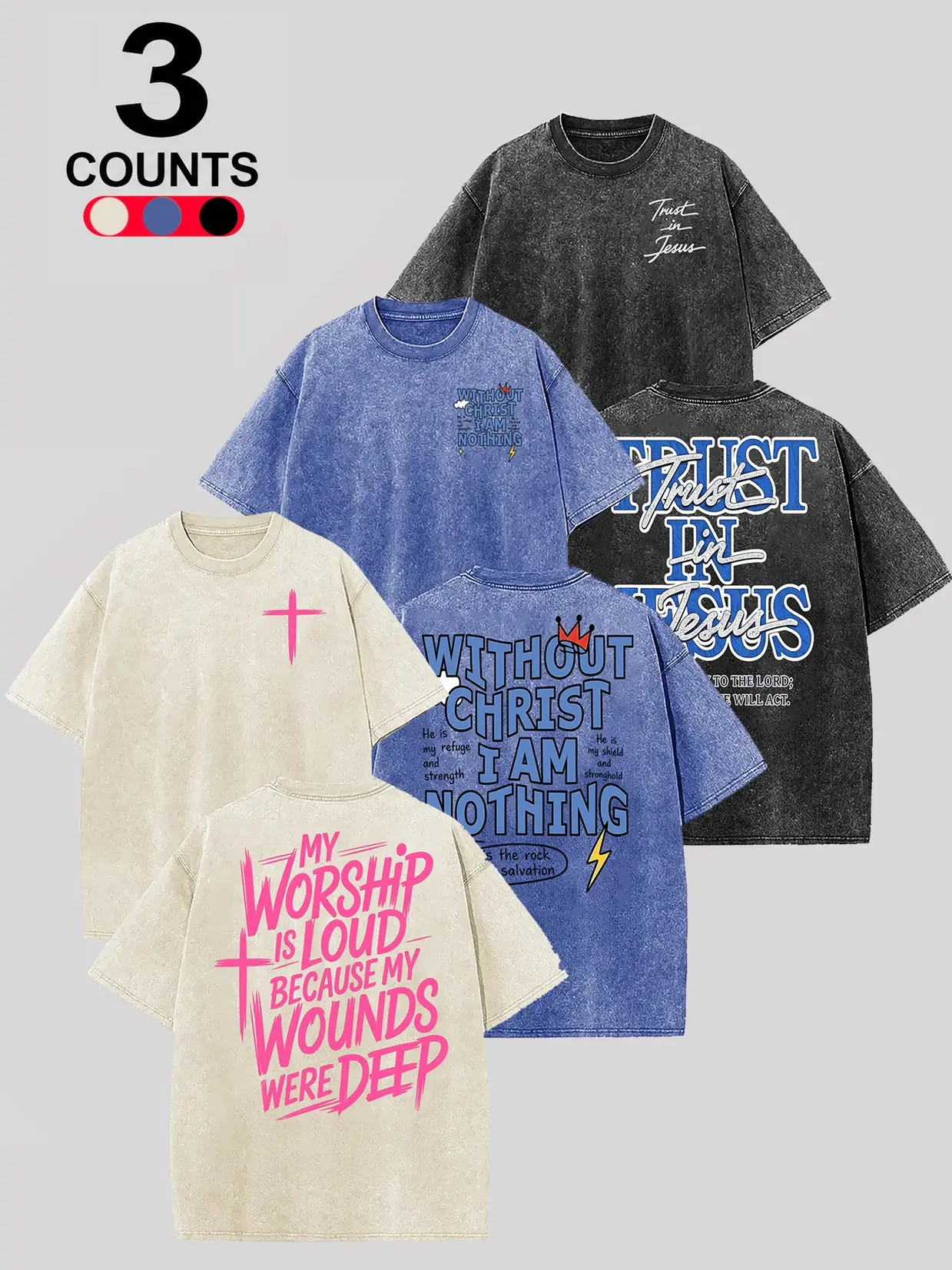 3-Pack Unisex Christian Graphic T-Shirts, Oversized Acid-Washed Cotton Streetwear, Shortsleeve Round Neck with Varsity Design, Cargo, Cloud, Tshirt, Tee