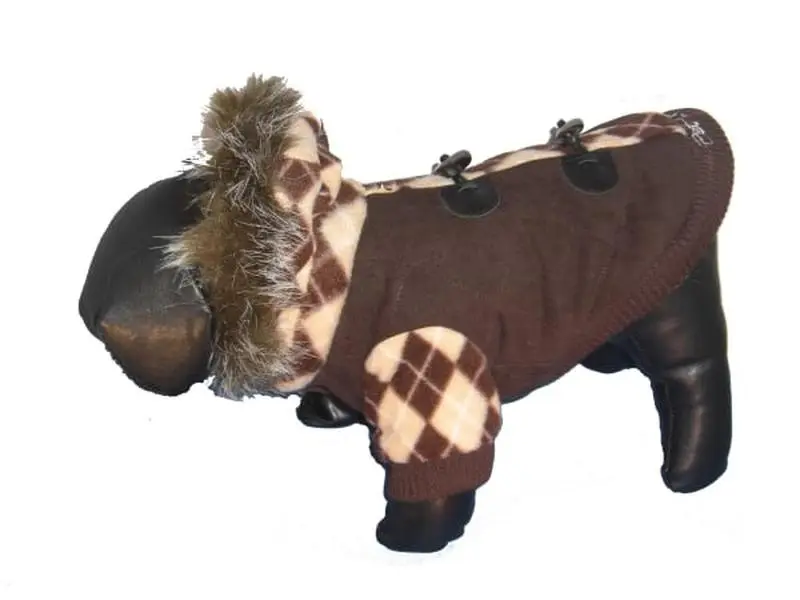 Pet Life Brown Designer Argyle Weave Patterned Dog & Cat Jacket with Removable Hood, Size XS, Designer Look